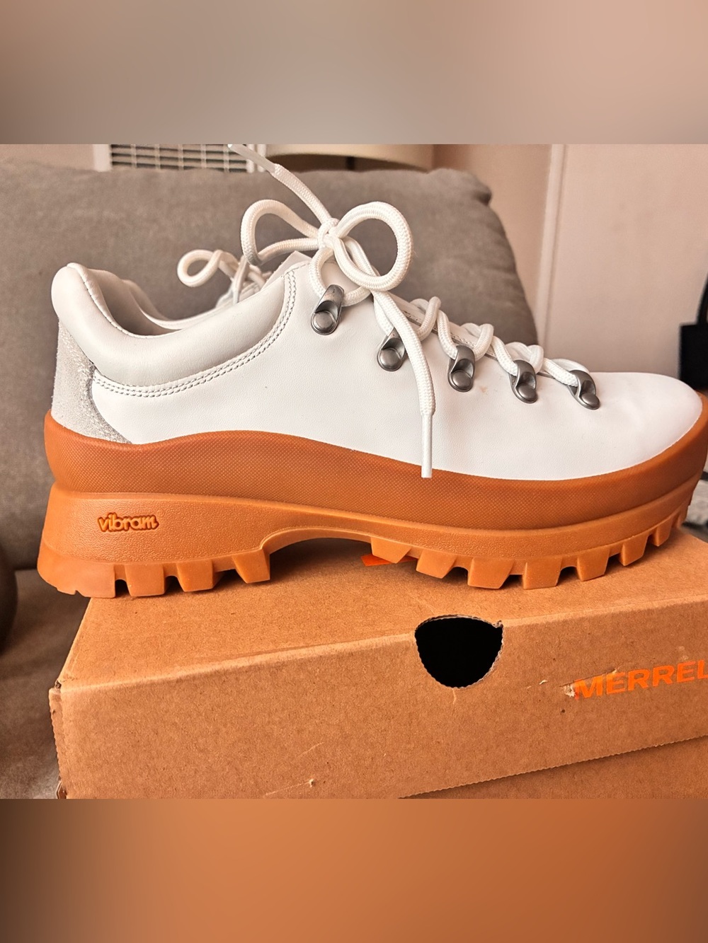 Merrell Women's White Leather Sneaker with Orange Lug Vibram Sole, Size 8 Brand